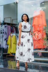 Elegant abstract floral print midi dress